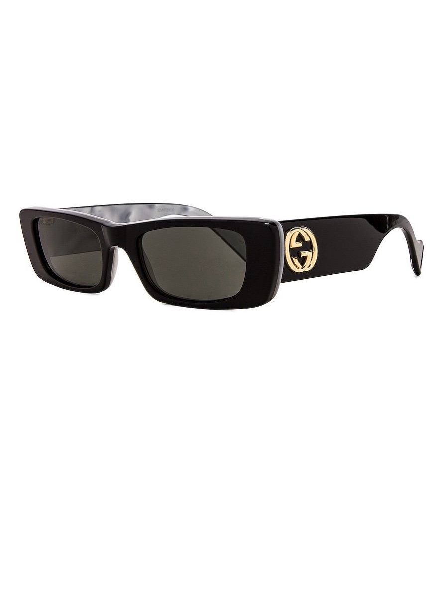 Gucci Glossy Black Rectangular Sunglasses With Gold Logo With Gucci Case